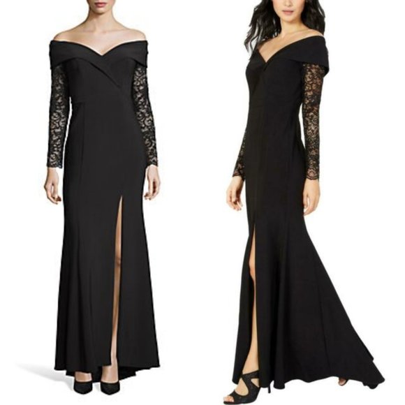 New XSCAPE  Formal Dress Black Small High Slit Long Lace Sequin Sleeves V-Neck - Picture 4 of 12